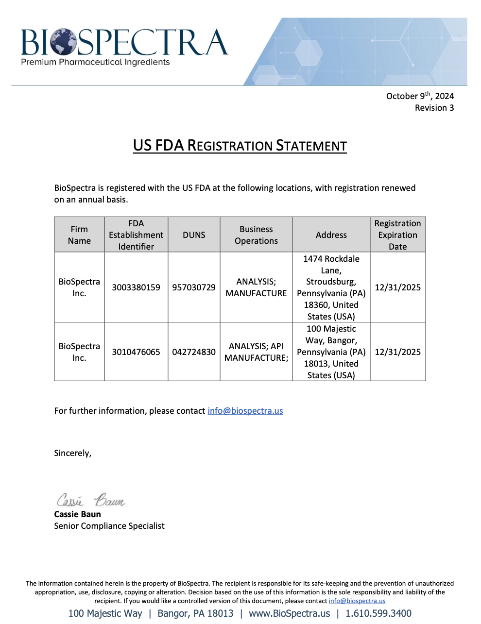 FDA Registration Statement Bangor and Stroudsburg