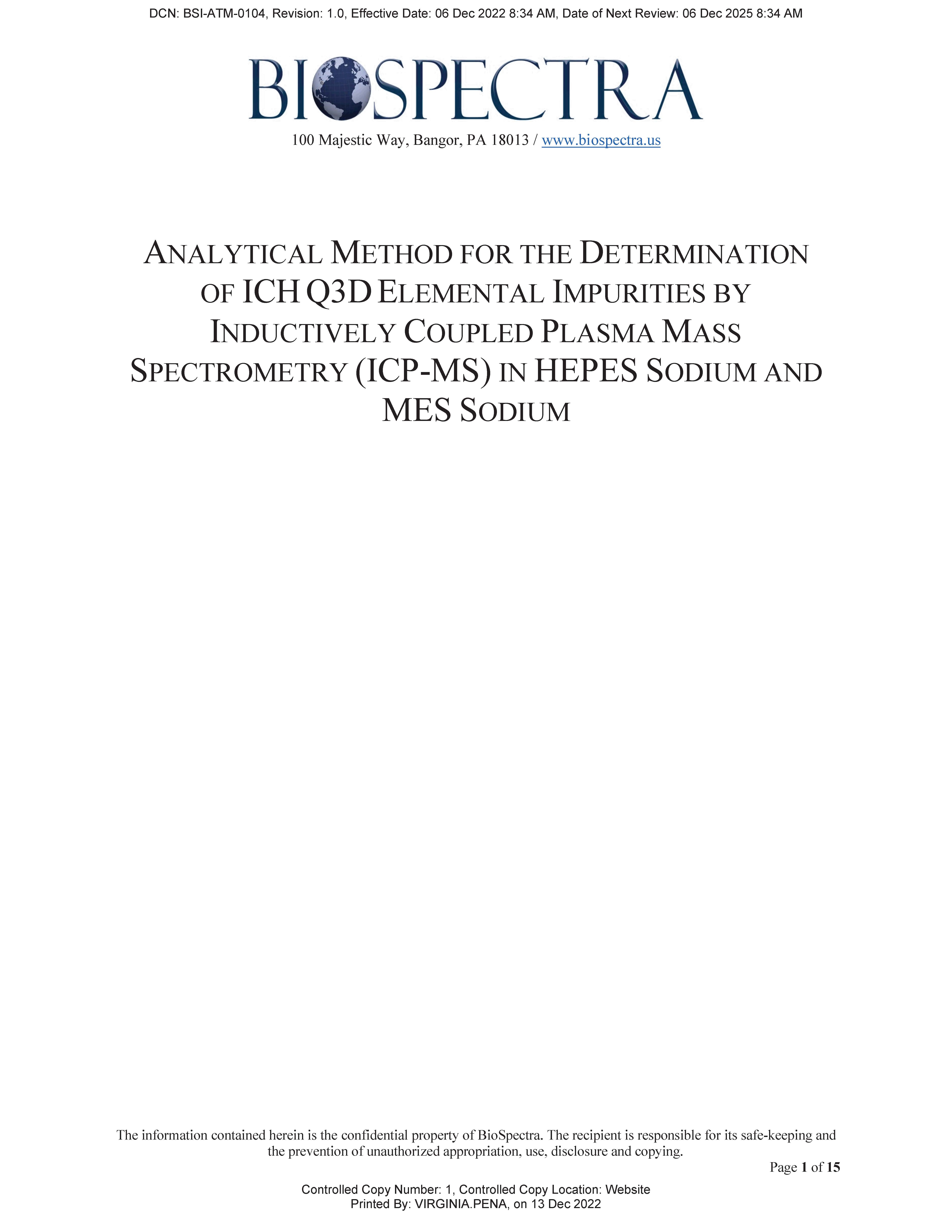 Analytical Method for the Determination of Elemental Impurities in MES Sodium and HEPES Sodium by ICP-MS