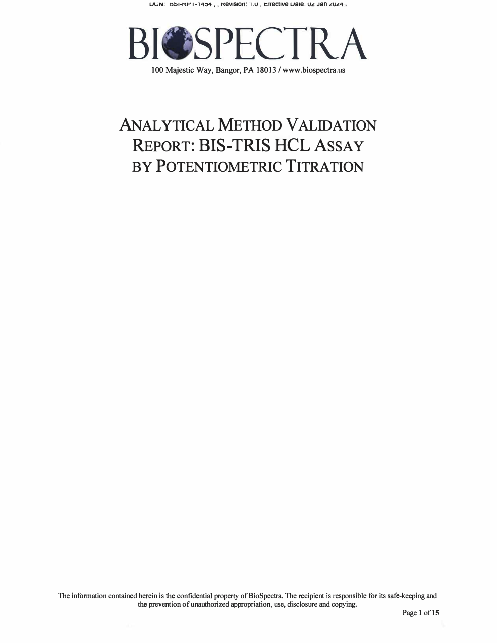 Analytical Method Validation Report BIS TRIS HCl Assay by Potentiometric Titration